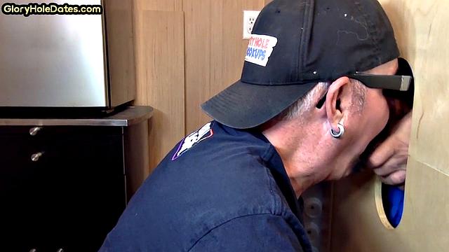 Gloryhole DILF takes cock deep in his greedy mouth