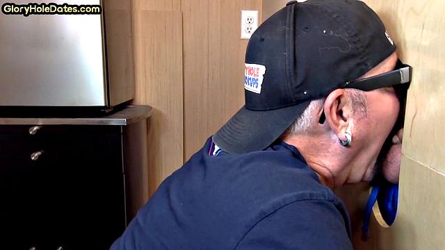 Gloryhole DILF takes cock deep in his greedy mouth