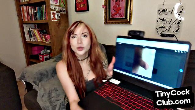 Inked ginger babe mocking small cocks.