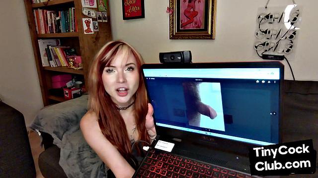 Inked ginger babe mocking small cocks.