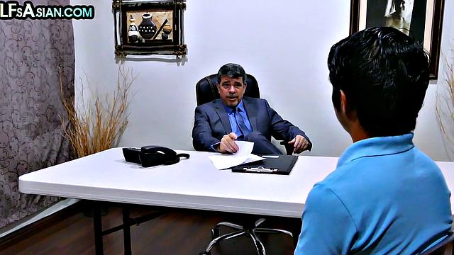 Real Asian twink barebacked by office in skinny ass