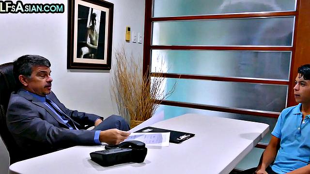Real Asian twink barebacked by office in skinny ass