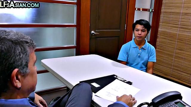 Real Asian twink barebacked by office in skinny ass