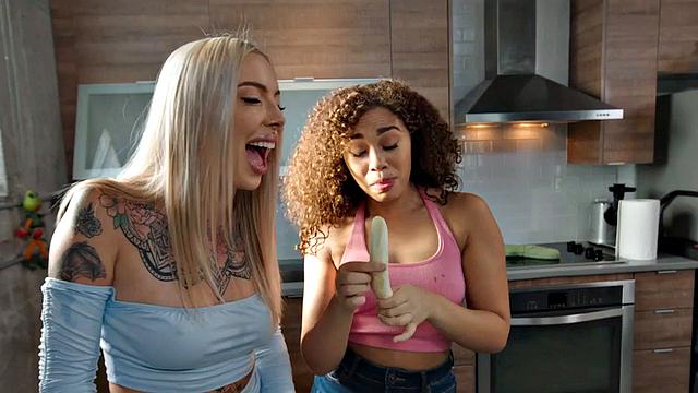Big booty lesbians play in kitchen with banana