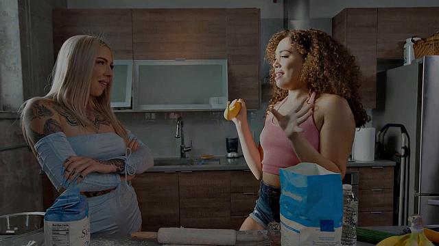 Big booty lesbians play in kitchen with banana