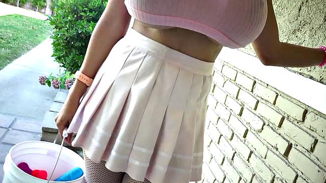 Boobylicious babe throat fucked by dominant guy