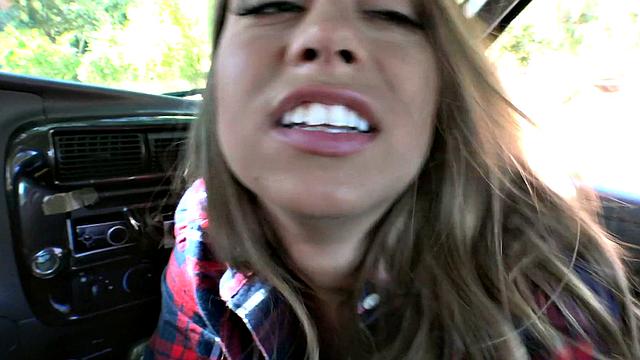 Kinky Texas babe with glasses gets drilled in reverse cowgirl in car