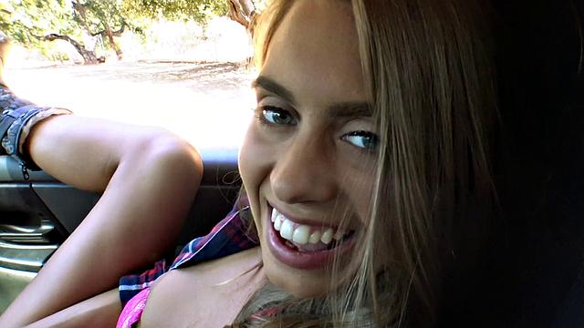 Kinky Texas babe with glasses gets drilled in reverse cowgirl in car