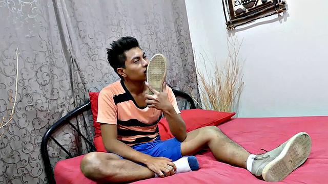This horny Asian boy has some of the hottest soles you ever see. Watch Josh slide his shoes off, inhale the sweet foot aroma, and caress his boy feet as he gets turned on.