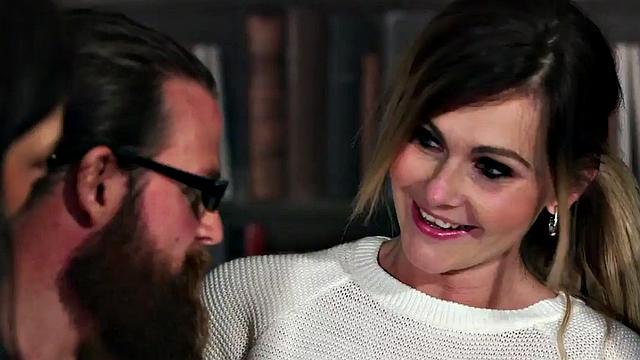 BJ and HJ CFNM orgy in the library with dirty-talking babes