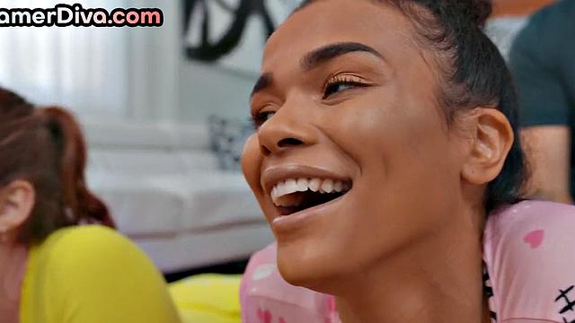 Redhead gamer pussynailed in 3some with busty Ebony