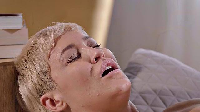 Part 1 of the Sessions: Blonde in brown hair fingers her pussy in thong while kissing in living room