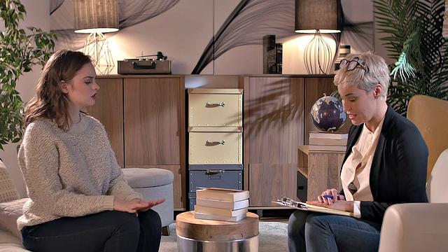 Part 1 of the Sessions: Blonde in brown hair fingers her pussy in thong while kissing in living room