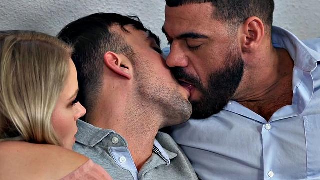 Bisexual big cock dudes fuck slutty bae in threesome