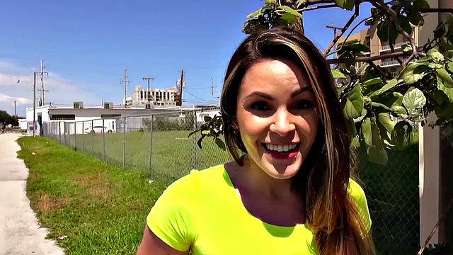 Check out this bald babe in shorts getting her brown hair blown out while getting pounded in doggy style