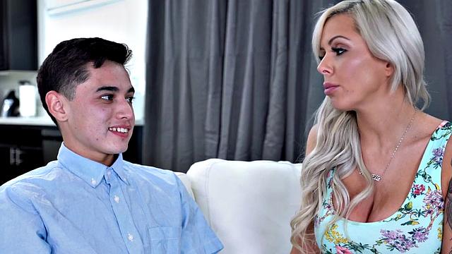 Stepmom with huge tits sucks and rides in steamy threesome