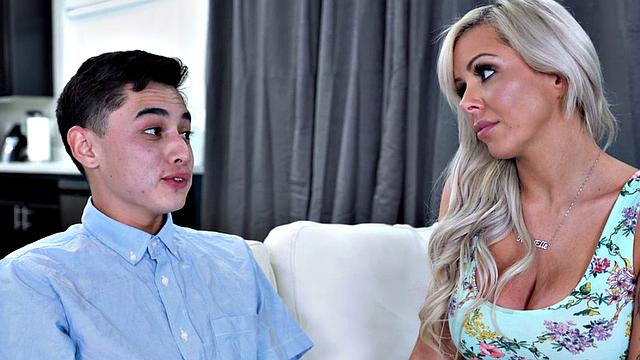 Stepmom with huge tits sucks and rides in steamy threesome