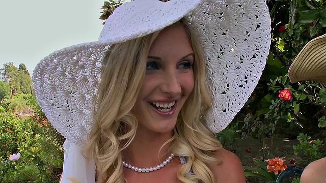 Blonde lesbians and brunette share a steamy pussy licking session in tea Time