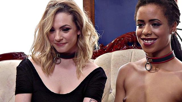 3some with kinky BDSM babe in stockings, bondage, and deepthroating