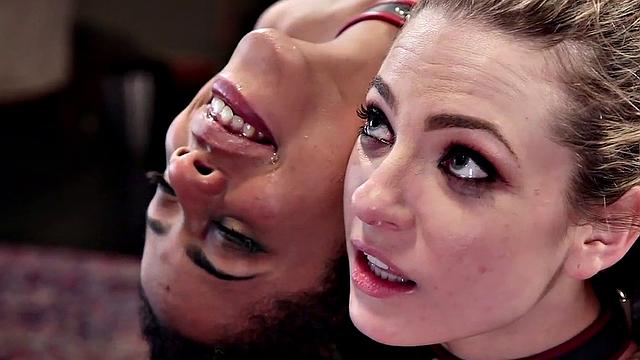 3some with kinky BDSM babe in stockings, bondage, and deepthroating