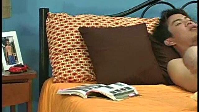 Slim Asian jerking his dong while having amateur sex