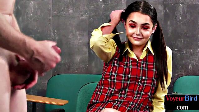 Kinky schoolgirl caught jerking off & cumming while professor watches in uniform