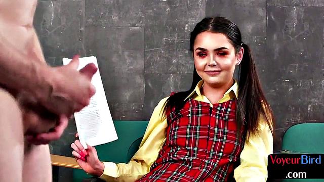 Kinky schoolgirl caught jerking off & cumming while professor watches in uniform
