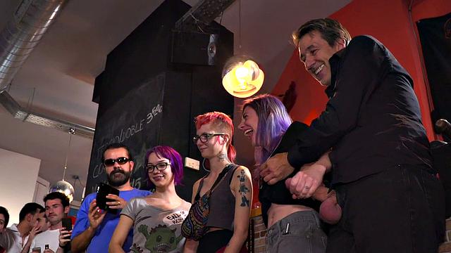 Public slut drinks piss and cum in front of voyeurs