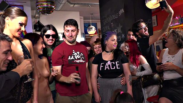 Public slut drinks piss and cum in front of voyeurs