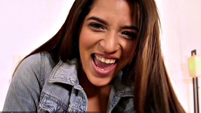 Don't Let Dad See! Young Latina Gabriella shows her big, natural tits and curvy body.