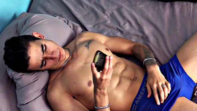 Real solo Latino twunk with abs jerks hard cock at home