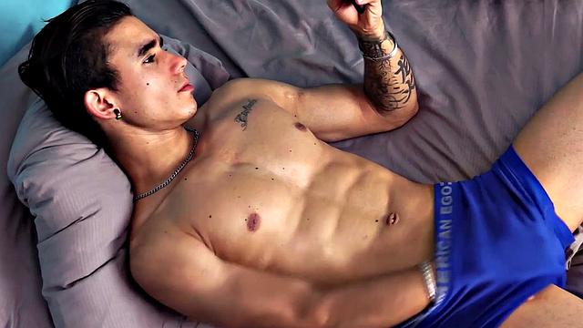 Real solo Latino twunk with abs jerks hard cock at home