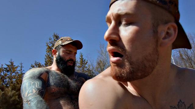 Military hunk bareback fucks bottom outdoor on quad