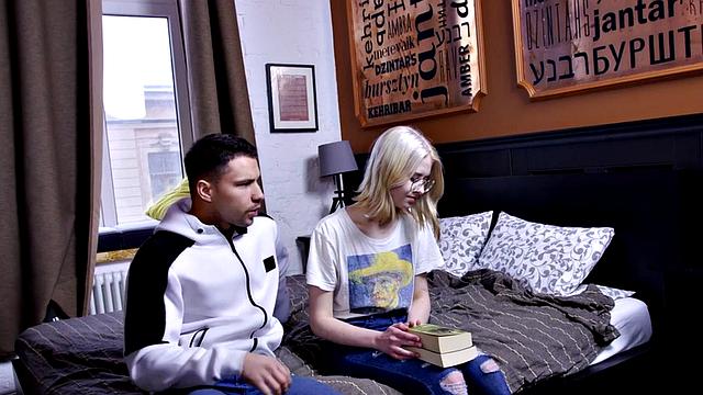 Nerdy teen riding dick while cheating