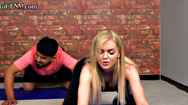 CFNM yoga femdoms give group handjob to man in class