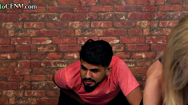 CFNM yoga femdoms give group handjob to man in class