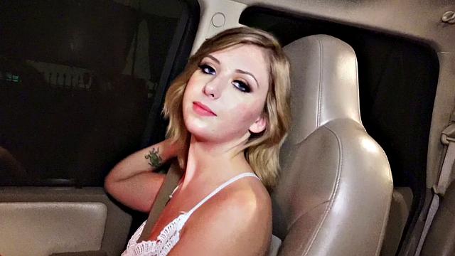 Tattooed teen gets her bald pussy drilled from behind in wild car sex