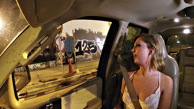 Tattooed teen gets her bald pussy drilled from behind in wild car sex