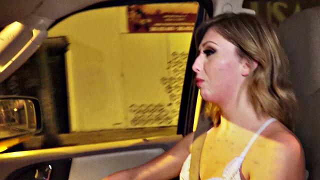 Tattooed teen gets her bald pussy drilled from behind in wild car sex