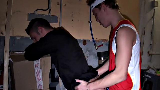 Sportive stud bangs judge in suit in his secret stockroom