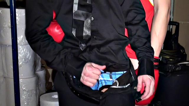 Sportive stud bangs judge in suit in his secret stockroom