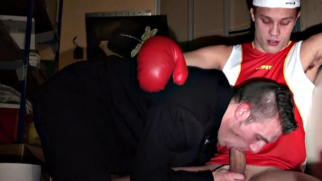 Sportive stud bangs judge in suit in his secret stockroom