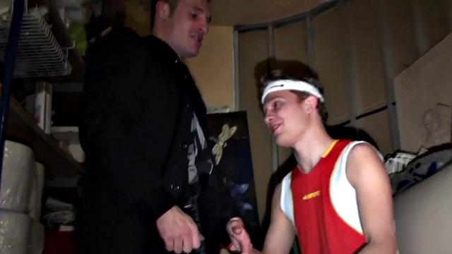 Sportive stud bangs judge in suit in his secret stockroom