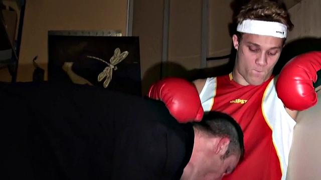 Sportive stud bangs judge in suit in his secret stockroom