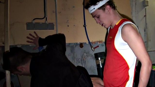 Sportive stud bangs judge in suit in his secret stockroom