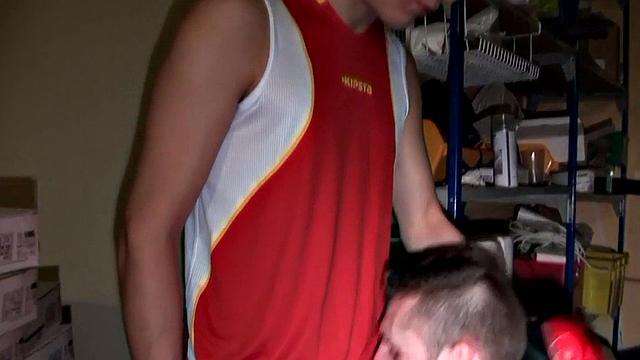 Sportive stud bangs judge in suit in his secret stockroom