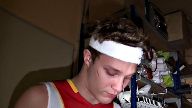 Sportive stud bangs judge in suit in his secret stockroom