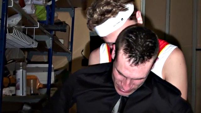 Sportive stud bangs judge in suit in his secret stockroom