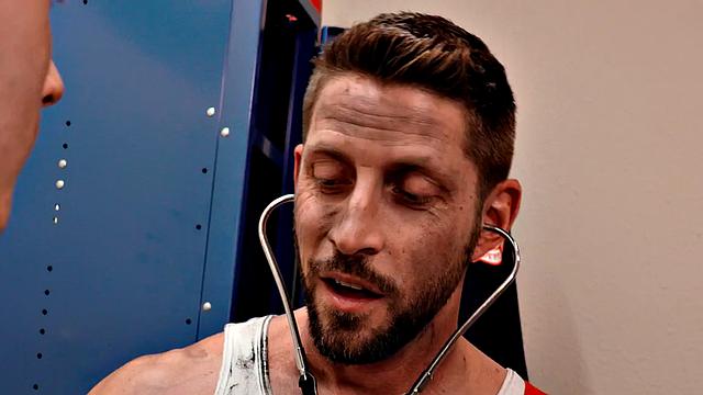 Lockerroom jock checks ass health after medical check