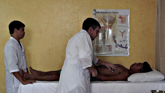 Dirty Asian fucked by nurse in asshole in missionary position